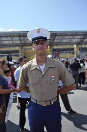 Pvt. Todd Chase (15) at Marine Corps Recruiting Depot in San Diego, California just moments after graduating from bootcamp. 