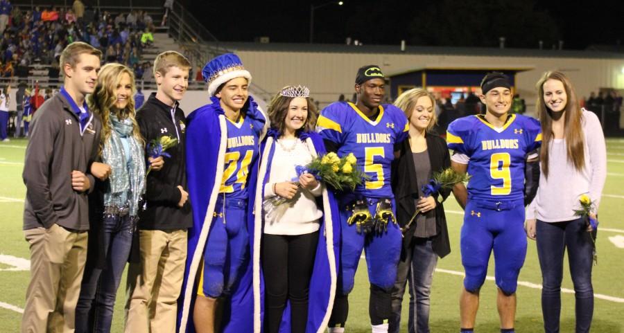 Homecoming king David Mata and queen Kelly Fitzpatrick, both seniors, are presented with teh entire court to the Oct. 16 NPHS football game in Memorial Stadium.