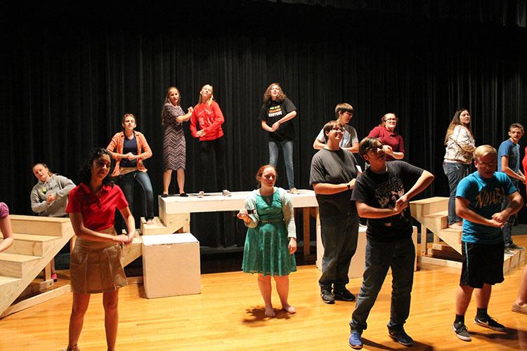 One Act participants rehearse for their upcoming play, Bible Camp the Musical.
