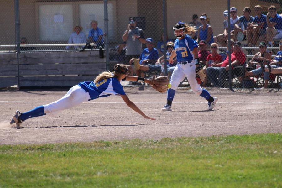 Sophomore Abby Orr, playing shortstop, fields a ball during a tournament on September 15, 2018 in North Platte, NE.