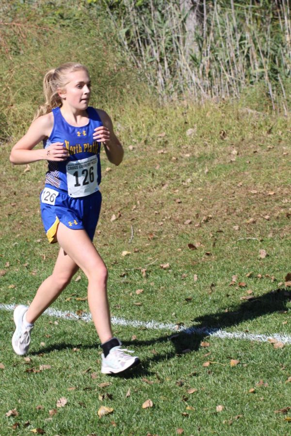 Sophmore Baylee Evarts runs at the 2018 GNAC meet. Evarts’ first time at state proved to be a tough, but memorable experience with the team placing tenth in state. “I didn’t expect to do that well,” said Evarts “It was pretty exciting!” 