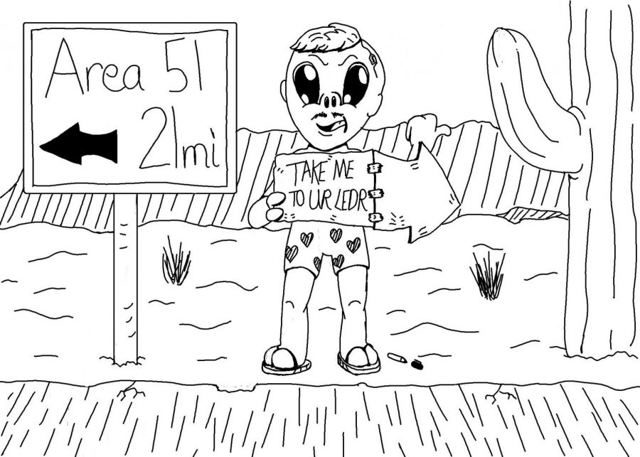 Drawing of a pictured alien in a disguise hitchhiking close to Area 51.