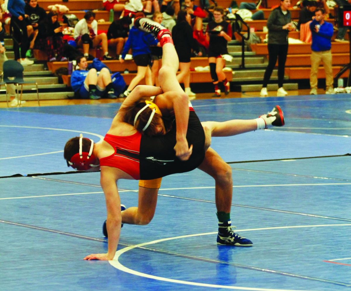Sophomore Ty Haneborg takes down an opponent on the home meet on Dec. 29. 